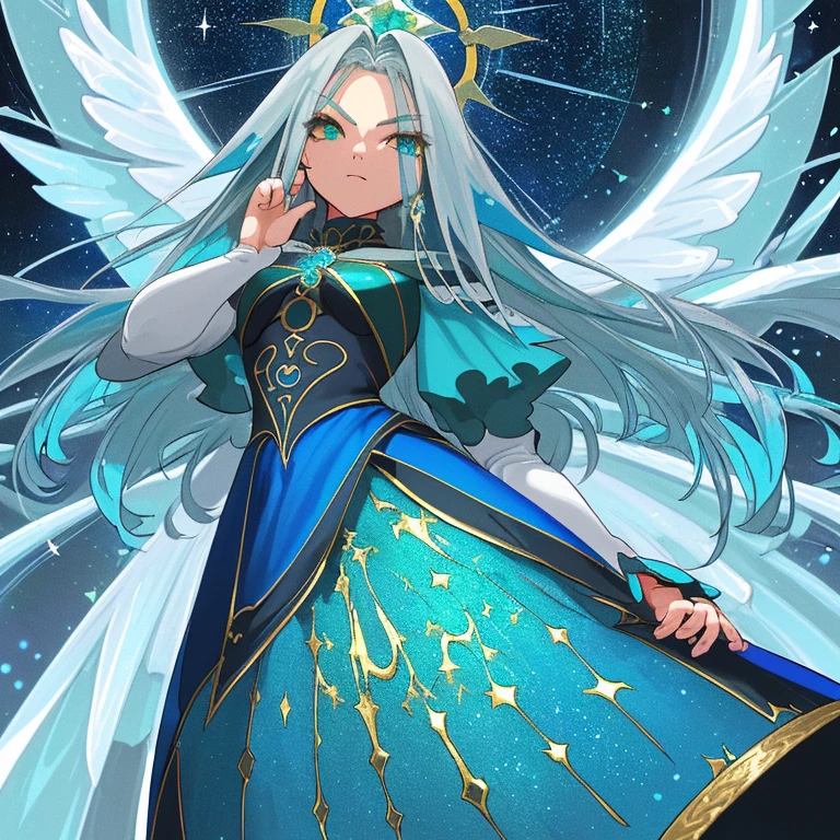 (mulher magra), (seios pequenos), (albina), (heterocromia), (vestido azul escuro com glitter), (vestido comprido), (cabelo branco), (cabelo algurandos quadris), (olho esquerdo castanho), (olho direito azul)