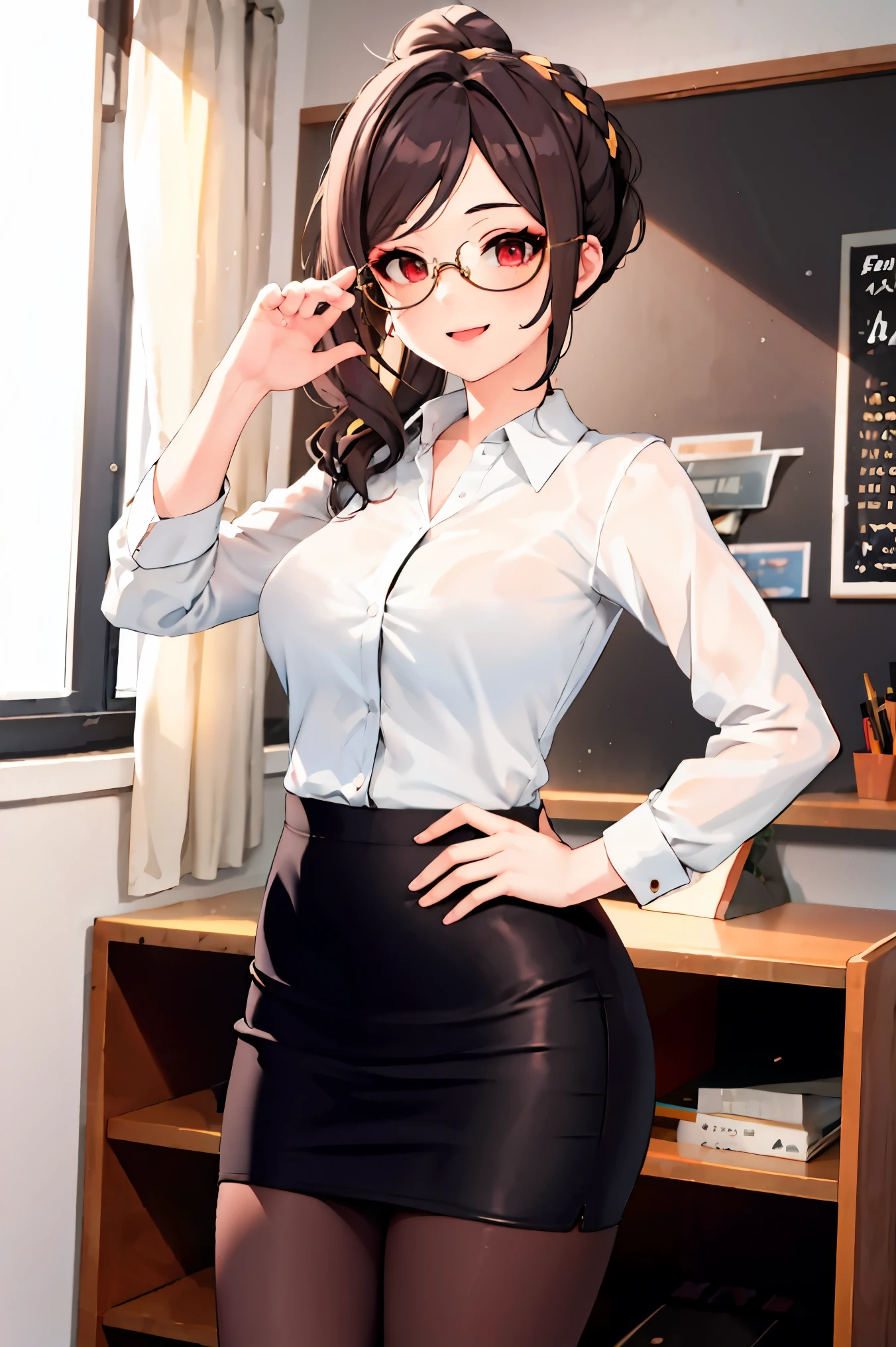 Misako, grey mini rock, white shirt, grey jacket, black stockings, high heels, adult, 35 years old, beautiful women, blue hair, office, glasses, brown eyes, beautiful brown eyes, strict gaze, serious expression,slim body, clipboard in hands, masterpiece, antique office background, bookshelves,