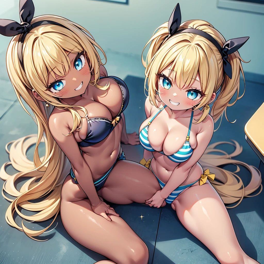 (cute eyes:1.2), (sparkling eyes:1.2), (8K、Best image quality、highest quality、masterpiece)、Detailed face、(2 girls)、Improve、((Brown Skin:1.3))、blonde、Low Ponytail、Scrunchie、Yellow Eyes、Earrings、Wicked Smile、((Grin)), (glamorous:1.1), (huge breasts:), (Light blue striped micro bikini:1.1), (spread legs), Classroom Background, (black stockings:1.2), (Thighs:1.2), (Waistline), (from above:1.2)