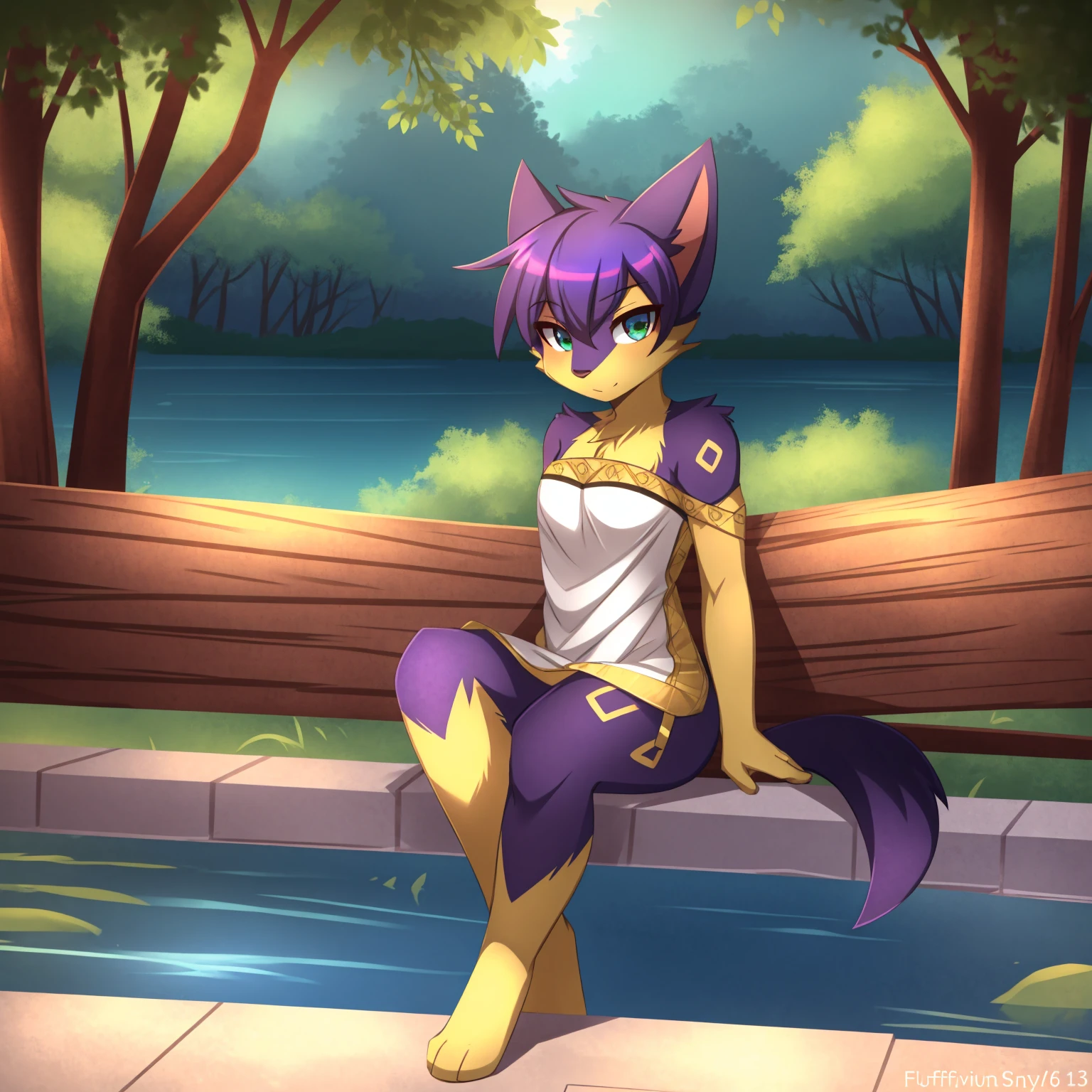 By zinfyuu on pixiv,by twistedscarlet60, uploaded on pixiv, by fluff-kevlar, (masterpiece), (best quality), (anthro furry:1.3, snout:1.2, anthro:1.3, furry:1.2, solo female:1.2), (extremely detailed:1.3), (green_detailed_eye), wearing white dress, sfw, forest, sitting, lake, nature beauty, view on viewer, liepard, very short hair, purple hair