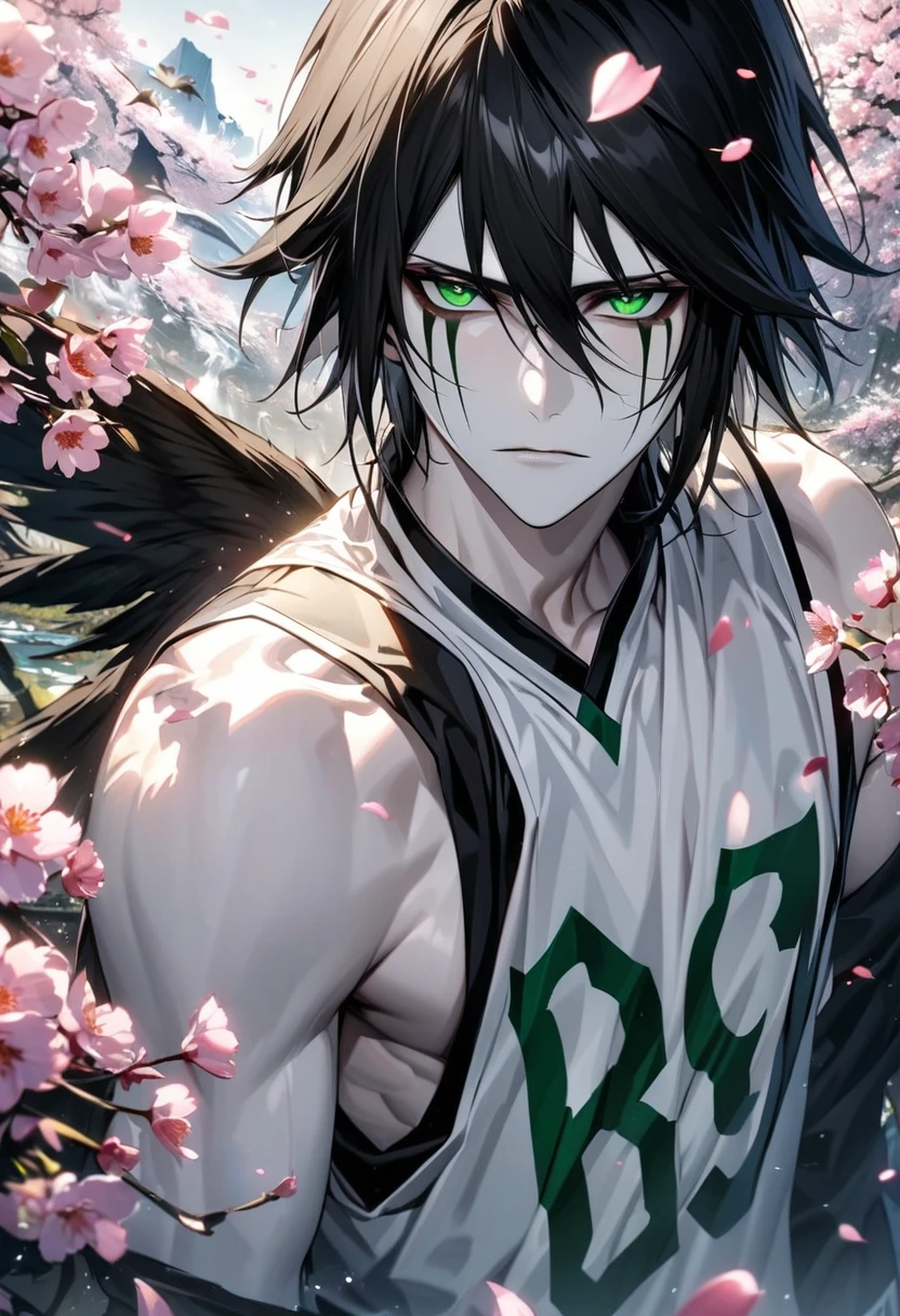 absurdres, highres, ultra detailed, HDR, masterpiece, extremely detailed face and eyes, Ulquiorra Cifer, black hair, hair between the eyes, expressive green eyes, pale skin, Bleach, solo, sexy man, handsome, white basketball uniform, spring, blossoms, petals, birds