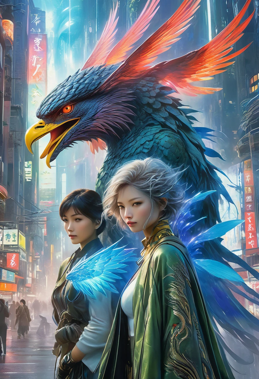 (best quality,4k,highres),(realistic,photorealistic:1.37),(Yoshitaka Amano style:1.1) A woman and her guardian familiar, mystical creature,otherworldly creature, kaiju-like,enchanting companions,wearing stylish futuristic clothes,inspired by Phantasy Star Online, lustful poses, (The woman, with her eyes brightly colored and her facial features elegantly detailed, adding to her allure. Dressed in elegant casual clothes with a stylish futuristic jacket.), (She is accompanied by a guardian, a phoenix and moth mixed creature with exquisite anatomical features. The creature's presence adds a sense of wonder and magic to the scene.), (The woman and her companion stand in a vibrant and bustling city, a modern metropolis with bustling streets, and vibrant signs. The colors are vibrant, with a mixture of blues, olive, and pale reds creating a dreamlike atmosphere.), (The lighting is soft but illuminating, casting a gentle glow on both the woman and the creature.), (The overall composition has a realistic and photorealistic quality, capturing the essence of the scene in intricate detail.), (The art style is inspired by Yoshitaka Amano, known for his ethereal and otherworldly illustrations. The combination of realistic elements with the artist's unique style creates a captivating and visually stunning image.)