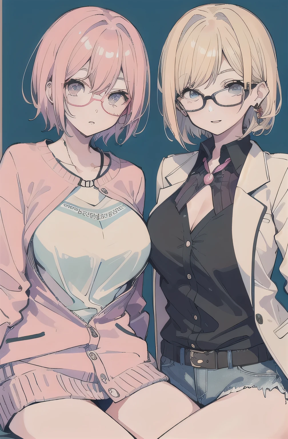 2 girls , sisters , 23 year old beautiful younger sister peach short hair huge breasts wearing pink sport jacket shyness wearing glasses sitting on bed, 26 years old beautiful funny older sister blonde long pony tail hair small breasts pierced ear wearing casual clothes no glasses standing , bedroom background ,look at camera , half body , (high resolution) , nsfw ,rise clothes , exciting face