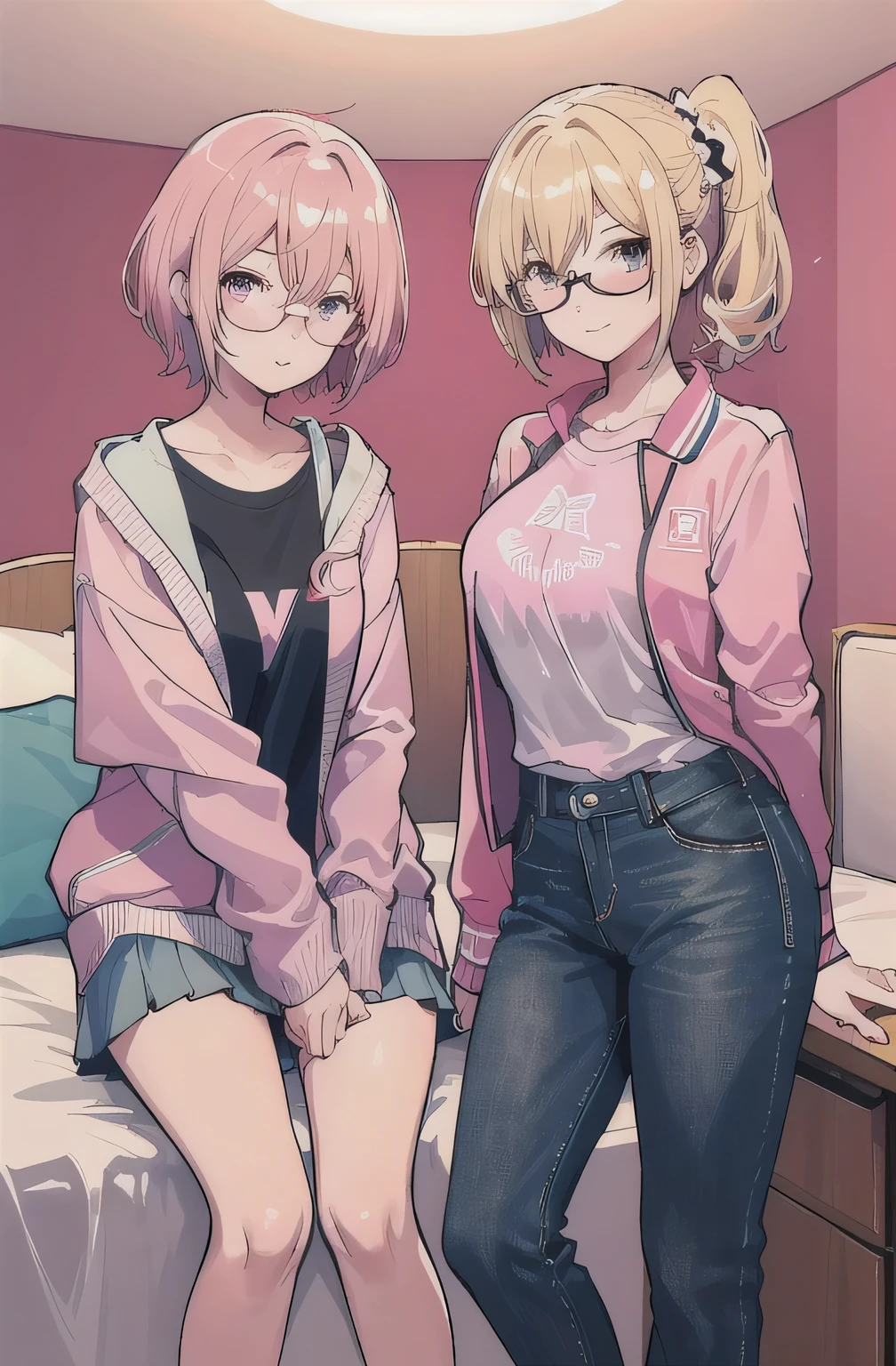 2 girls , sisters , 23 year old beautiful younger sister peach short hair huge breasts wearing pink sport jacket shyness wearing glasses sitting on bed, 26 years old beautiful funny older sister blonde long pony tail hair small breasts pierced ear wearing casual clothes no glasses standing , bedroom background ,look at camera , half body , (high resolution) , nsfw ,rise clothes , exciting face