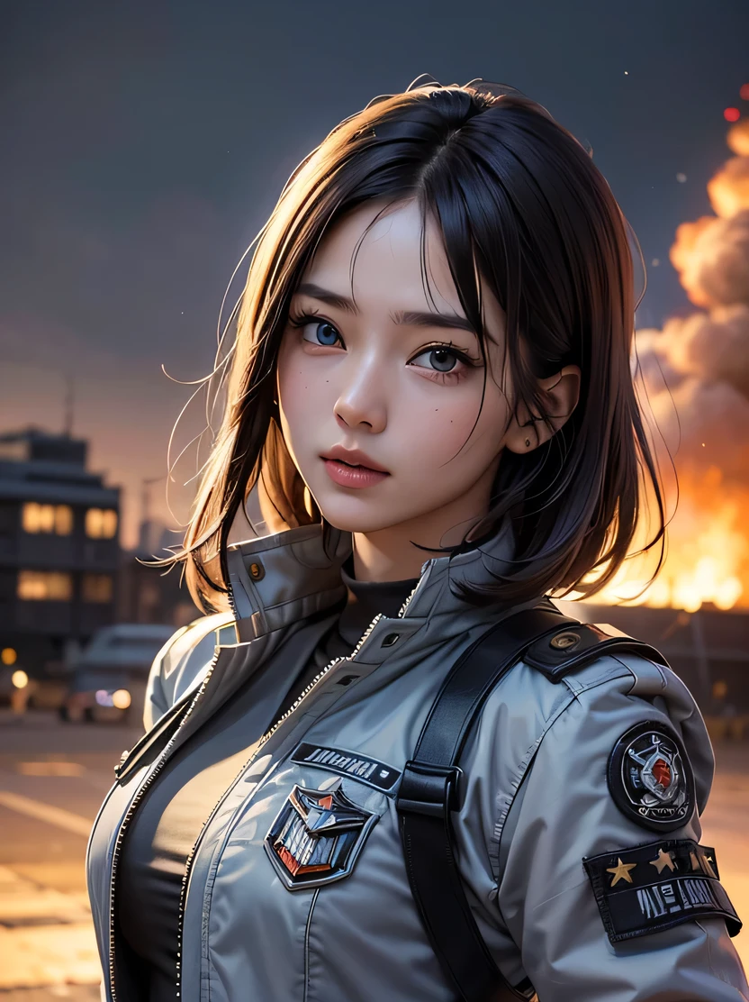 ((masterpiece、highest quality、Genuine、Very detailed、High resolution、Sharp focus、Photorealistic、Movie-like lighting))、Natural and realistic colors、((1 girl、Bust Shot))、Official Art、SFmovie、Adult female, Age 25、blue eyes、Black bob short hair、Air Force uniform、Formal wear、air force jacket、Serious face、Sharp eyes、Realistic Face、The background is a battlefield、Burning futuristic building、Spaceship in the sky、Dynamic Action、View your viewers、Detailed hand drawing