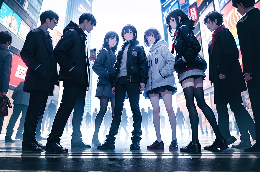 Shibuya scramble crossing,((photo taken from camera placed on ground)),
(low-angle),
beautiful lighting, dynamic angle, photographic portrait, sharp,