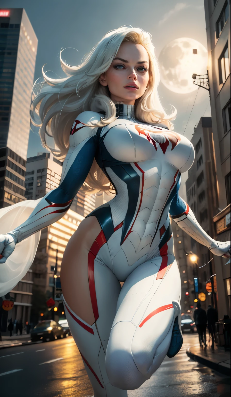 Margot Robbie (Masterpiece, 4k resolution, ultra-realistic, very detailed), (White superhero theme, charismatic, there's a girl at the top of town, wearing Spider-Man costume, she's a superhero), [ (25 years), (long white hair:1.2), full body, (blue eyes:1.2), ((Spider-Man pose),show of strength, jumping from one building to another), ((sandy urban environment):0.8)| (cityscape, at night, dynamic lights), (full moon))] # Explanation: The Prompt mainly describes a 4K painting of ultra-high definition, very realistic, very detailed. It shows a superheroine at the top of the city, wearing a Spider-Man costume. The theme in the painting is a white superhero theme, the female protagonist has long white hair, is 25 years old and her entire body is shown in the painting. In terms of portraying the actions of superheroines, spiders are employed