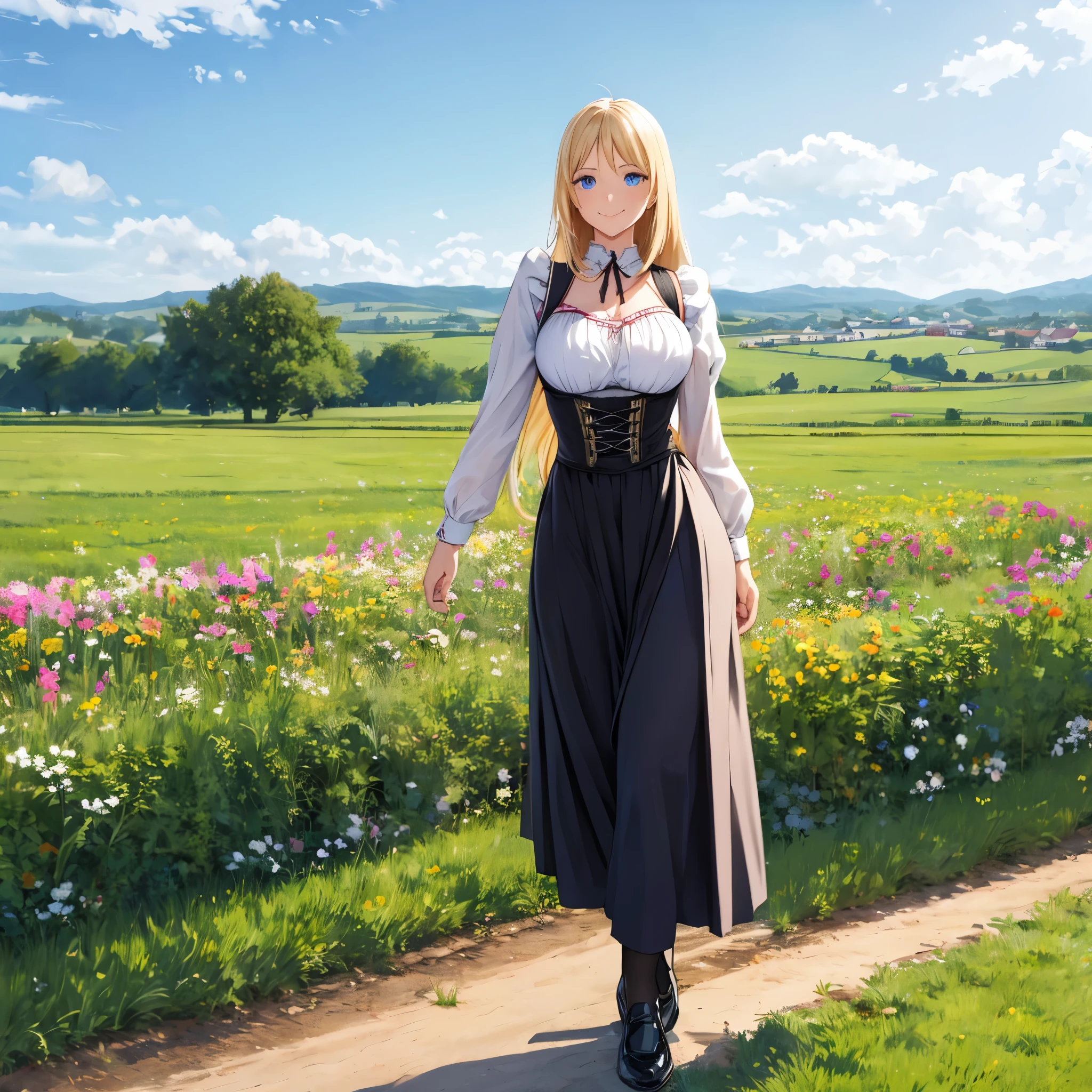 a woman wearing a traditional German Dirndl, exposed thigh, big breasts, long blonde hair, smiling blue eyes, black shoes, walking in a farm field with traditional German town in the background. full body, day place,very detailed, ultra defined, high quality, well defined, masterpiece (solo woman)
