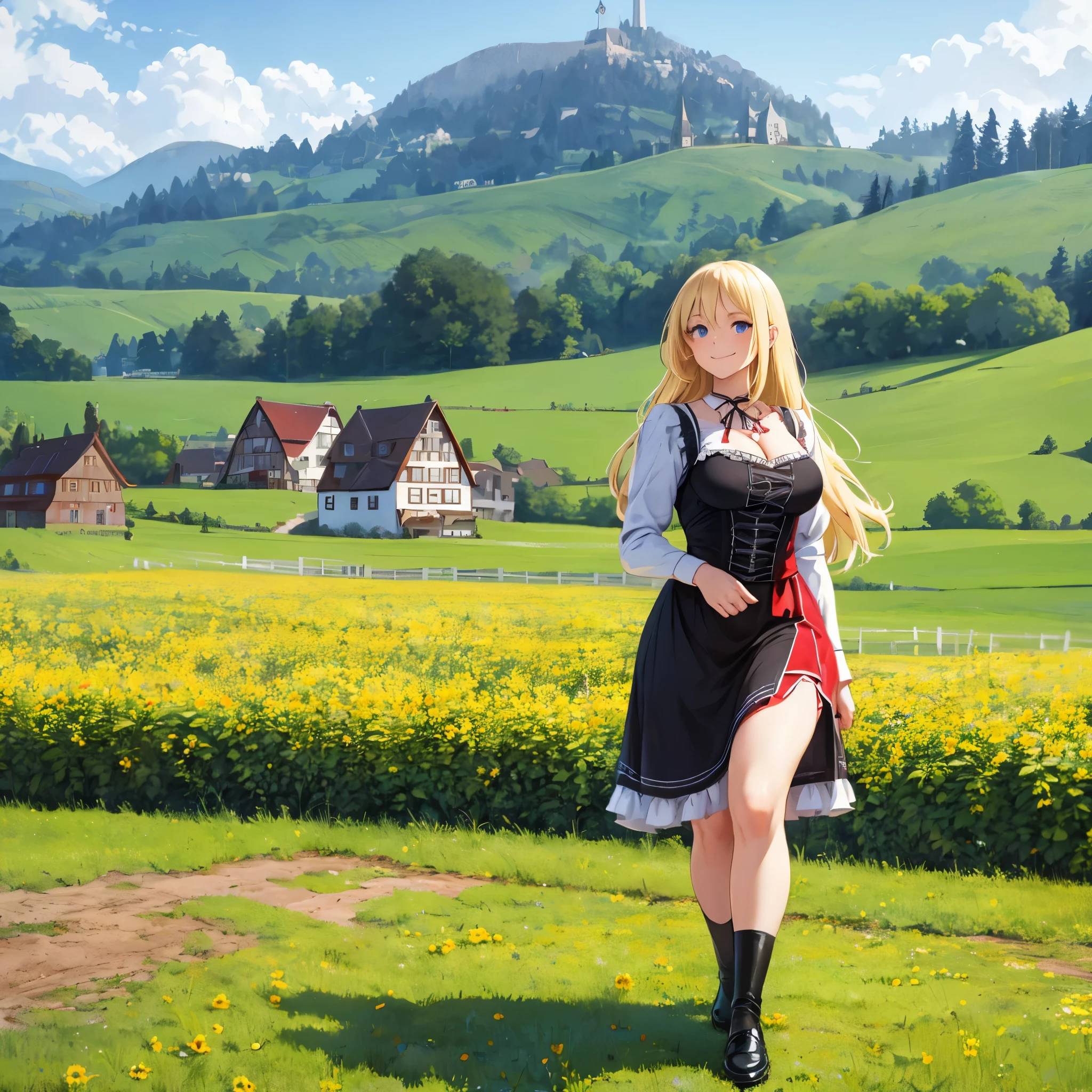 a woman wearing a traditional German Dirndl, exposed thigh, big breasts, long blonde hair, smiling blue eyes, black shoes, walking in a farm field with traditional German town in the background. full body, day place,very detailed, ultra defined, high quality, well defined, masterpiece (solo woman)
