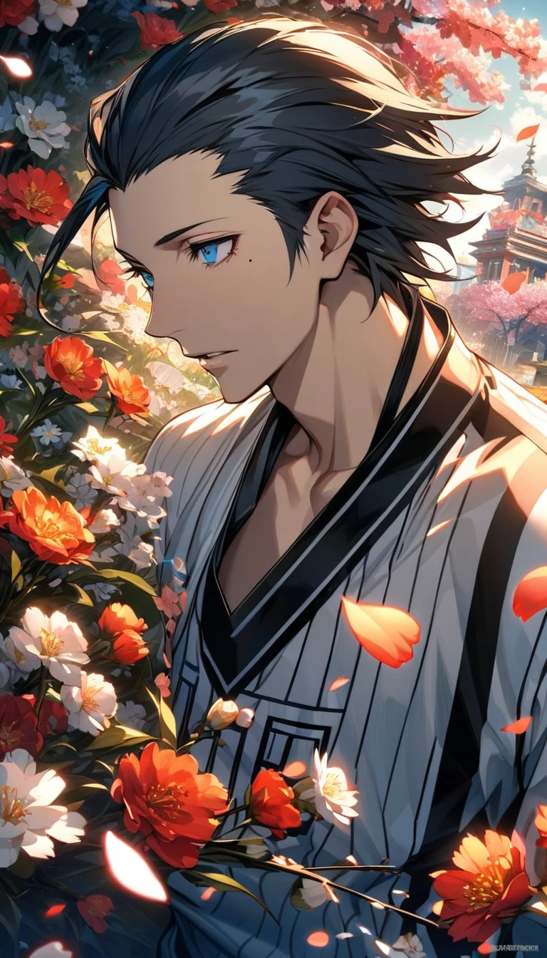 Ultra detailed, Highres, HDR, absurdres, Mochizuki Ryouji, black slicked back hair, expressive blue eyes, patterns, Persona 3, sexy man, handsome, solo, extremely detailed face and eyes, petals, blossoms, spring, master piece, basketball uniform, mole under his eye, flowers
