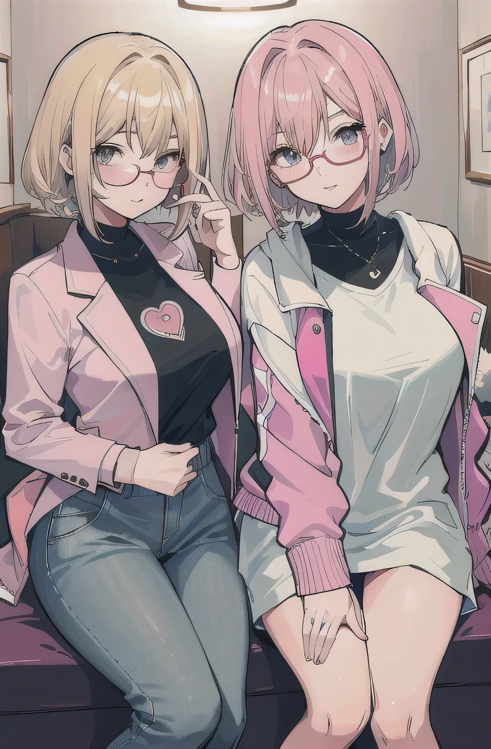 2 girls , sisters , 23 year old beautiful younger sister peach short hair huge breasts wearing pink sport jacket shyness wearing glasses sitting on bed, 26 years old beautiful funny older sister blonde long pony tail hair small breasts pierced ear wearing casual clothes no glasses standing , bedroom background ,look at camera , half body , (high resolution) , nsfw ,rise clothes , exciting face