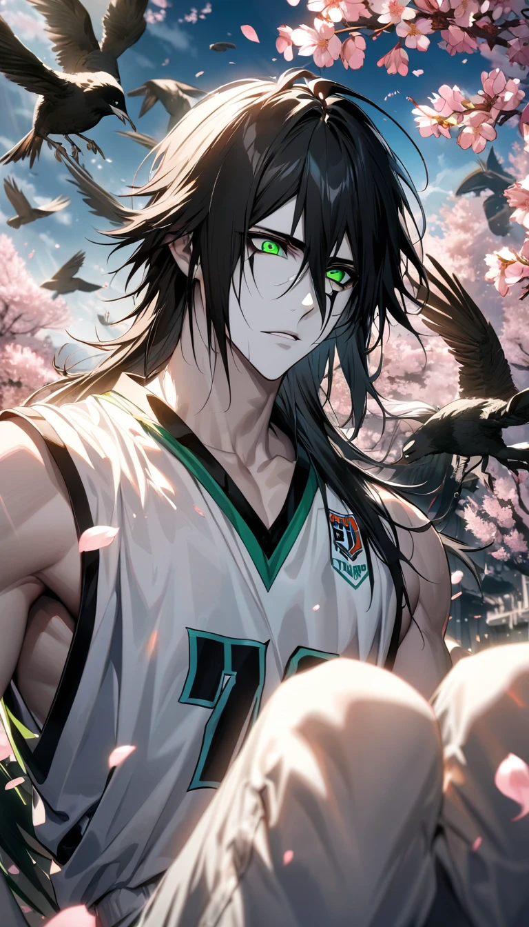 absurdres, highres, ultra detailed, HDR, masterpiece, extremely detailed face and eyes, Ulquiorra Cifer, black hair, hair between the eyes, expressive green eyes, pale skin, Bleach, solo, sexy man, handsome, white basketball uniform, spring, blossoms, petals, birds