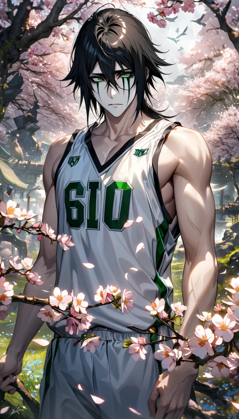 absurdres, highres, ultra detailed, HDR, masterpiece, extremely detailed face and eyes, Ulquiorra Cifer, black hair, hair between the eyes, expressive green eyes, pale skin, Bleach, solo, sexy man, handsome, white basketball uniform, spring, blossoms, petals, birds
