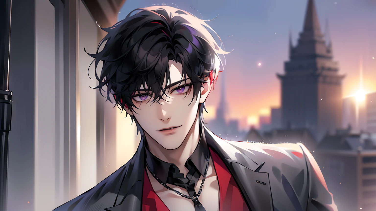 (masterpiece, 4k, high quality:1.3), 1boy, solo, short hair, black hair, asymmetrical fringe, purple eyes, handsome, sharp eyes, (mature male, mature:1.2), male focus, fashionable, tucked in open red collared shirt, light brown chino pants, red and gray cardigan, necklace, sunset, evening, close up, smile, smart