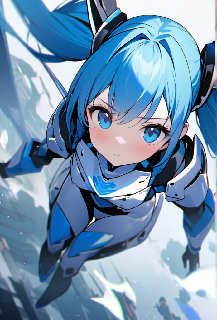 High quality, high definition, hig
h precision images,8k 1 Girl Robot Girl、Blue hair,Twin tails,blue eyes(,Flying in the sky)
、With a White and blue, spear,Blue and white clothing,He's wearing flashy robot armor.Full-body view

