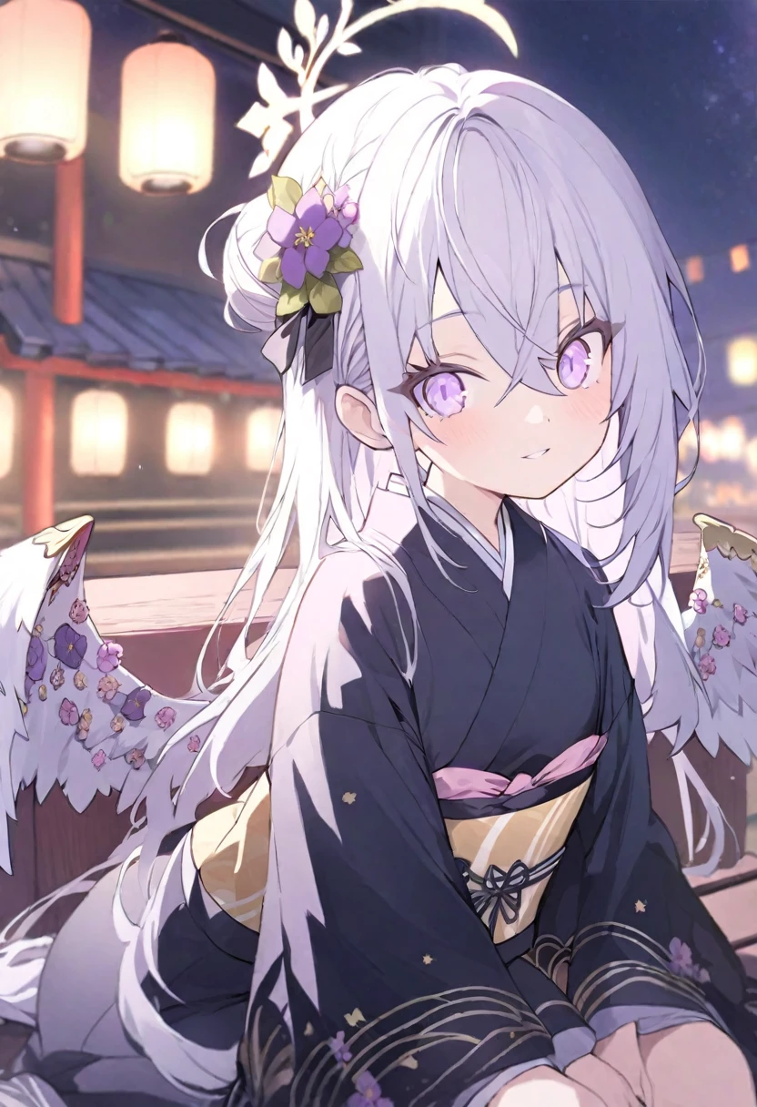 azusa \(blue archive\), 1girl alternate_costume alternate_hairstyle angel_wings bench blurry braid braided_bun building depth_of_field feathered_wings flower hair_between_eyes hair_bun halo japanese_clothes kimono lamppost long_hair long_sleeves looking_at_viewer night night_sky obi obiage park park_bench purple_eyes sash sidelocks single_hair_bun sitting sky skyline skyscraper solo star_(sky) starry_sky stuffed_toy tree v_arms white_hair white_wings wide_sleeves wings yukata
