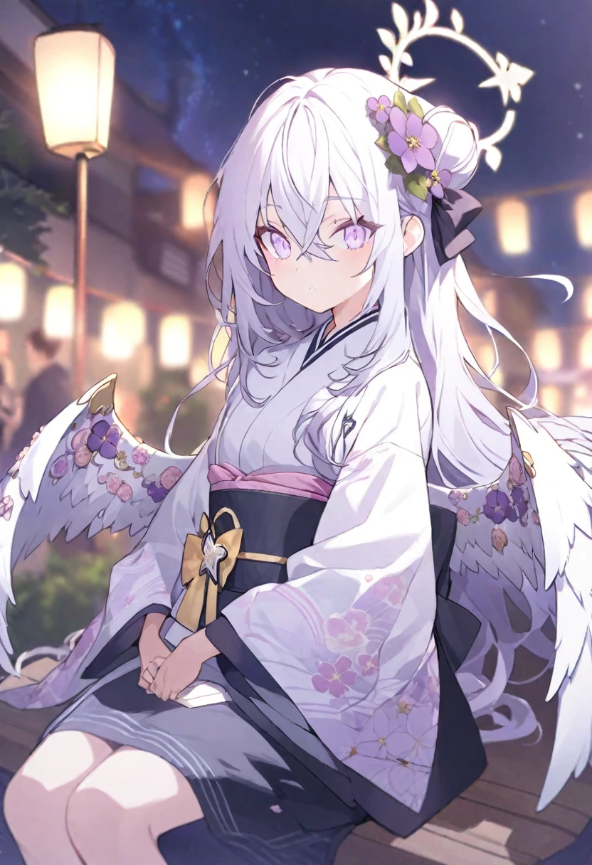 azusa \(blue archive\), 1girl alternate_costume alternate_hairstyle angel_wings bench blurry braid braided_bun building depth_of_field feathered_wings flower hair_between_eyes hair_bun halo japanese_clothes kimono lamppost long_hair long_sleeves looking_at_viewer night night_sky obi obiage park park_bench purple_eyes sash sidelocks single_hair_bun sitting sky skyline skyscraper solo star_(sky) starry_sky stuffed_toy tree v_arms white_hair white_wings wide_sleeves wings yukata