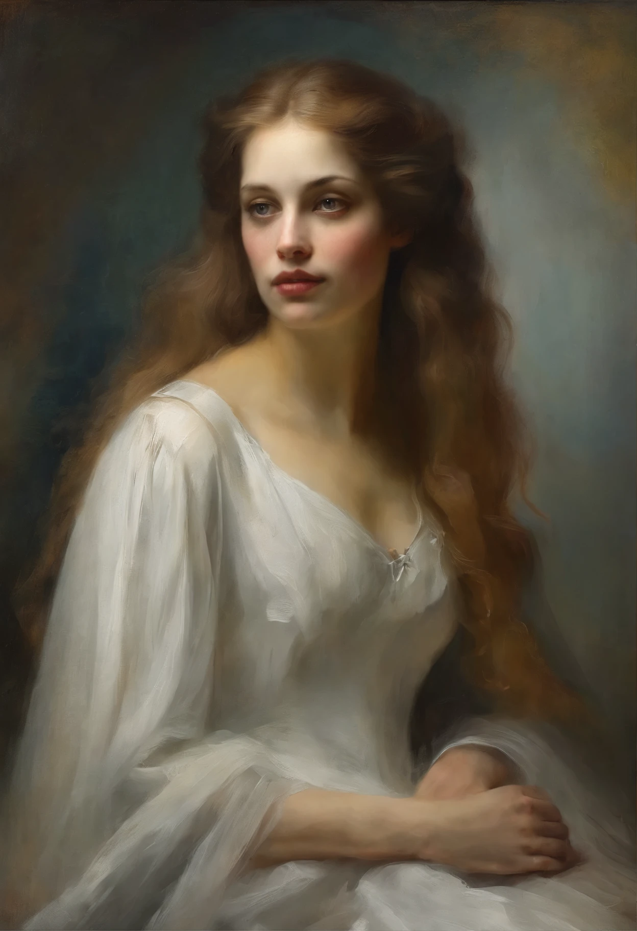 a close-up of a woman with long hair and a white dress, inspired by Godfried Schalcken, inspired by Elsa Bleda, romanticism portrait, inspired by Irakli Nadar, monia merlo, a stunning young ethereal figure, haunting beautiful young woman, inspired by Vasily Perov, Dramatic cinematic portrait, Artistic portrait photography in 8k.