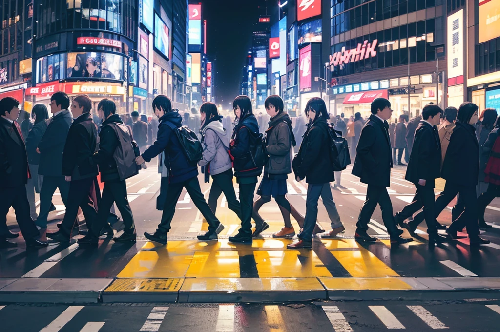 Shibuya scramble crossing,((photo taken from camera placed on ground)),
(low angle),
beautiful lighting, dynamic angle, photographic portrait, sharp,