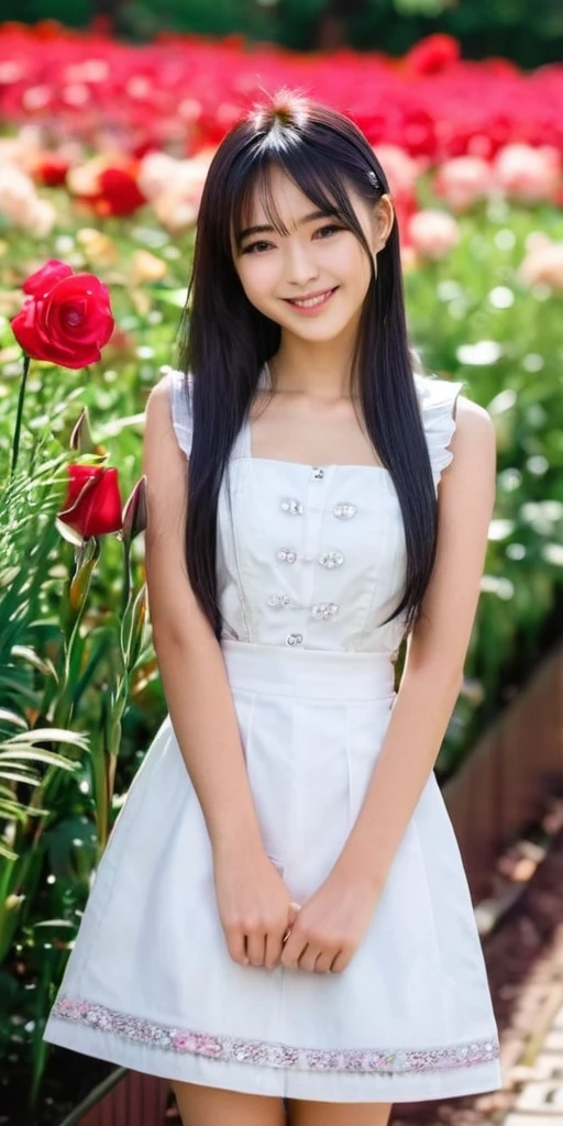 ((16k，super highest quality，Ultra-high resolution，masterpiece，Realistic，Realistic，Very detailed))，Young, adorable and cute 16 year old〜20 year old girl，Full body photo，Full body angle，Esbian all over，Baby Face，single eyelid，Long legs，Thin legs，Thin thighs，Beautiful hands and feet，chest，Cute smile，Adorable smile，nice smile，Rose garden in the background，Long Straight Hair，Iris，Black Hair，A lovely, beautiful and childlike Japanese girl，With a young body，Slim waist，((Cabin attendant))