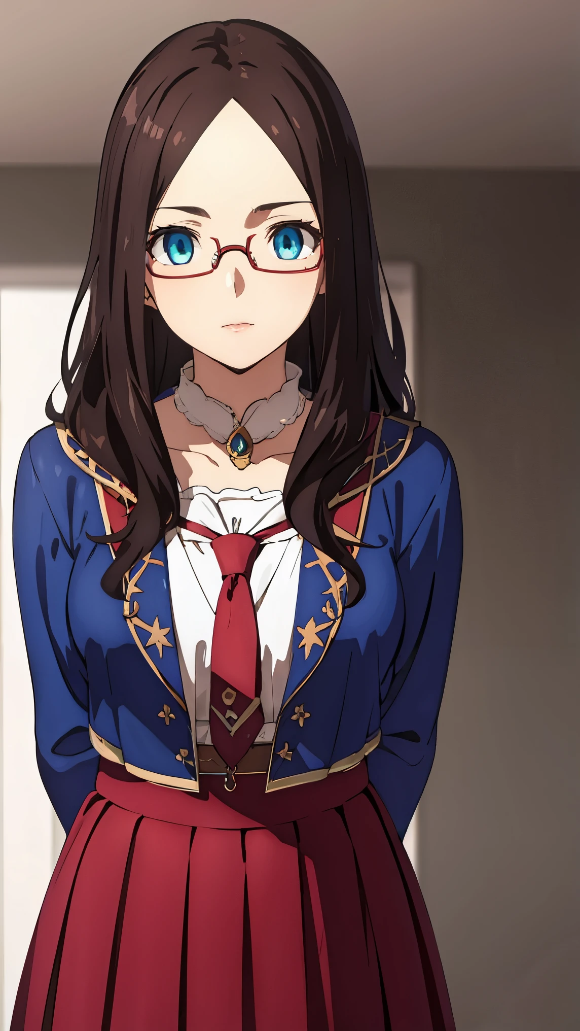 leonardodavinci, leonardo da vinci, blue eyes, brown hair, glasses, long hair, semi-rimless eyewear, under-rim eyewear,
BREAK blue jacket and red tie and white shirt and red and white shirt,
BREAK looking at viewer,standing, leaning forward, (arms behind back:1.2),
BREAK indoors,
BREAK (masterpiece:1.2), best quality, high resolution, unity 8k wallpaper,NSFW ,(illustration:0.8), (beautiful detailed eyes:1.6), extremely detailed face, perfect lighting, extremely detailed CG, (perfect hands, perfect anatomy),