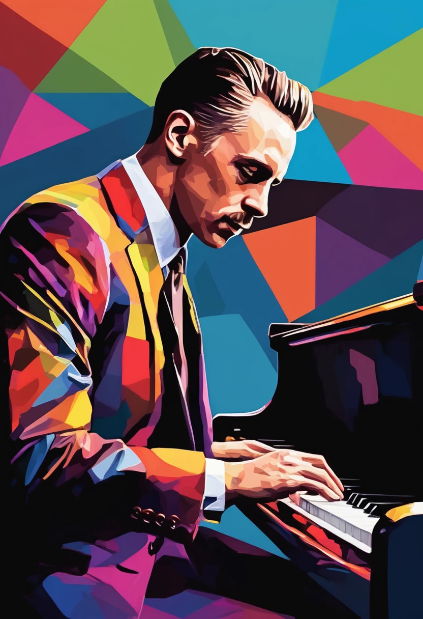 Jazz Night, painting of a man playing a piano in a colorful suit,  energetic jazz piano portrait, wpap, colourful movie art, extremely high quality artwork, by Bencho Obreshkov, portrait of jordan peterson, art of alessandro pautasso, inspired by Vincent Lefevre, james gurney painting style, by Arik Brauer abstract vector fractal, wave function, Zentangle, 3d shading