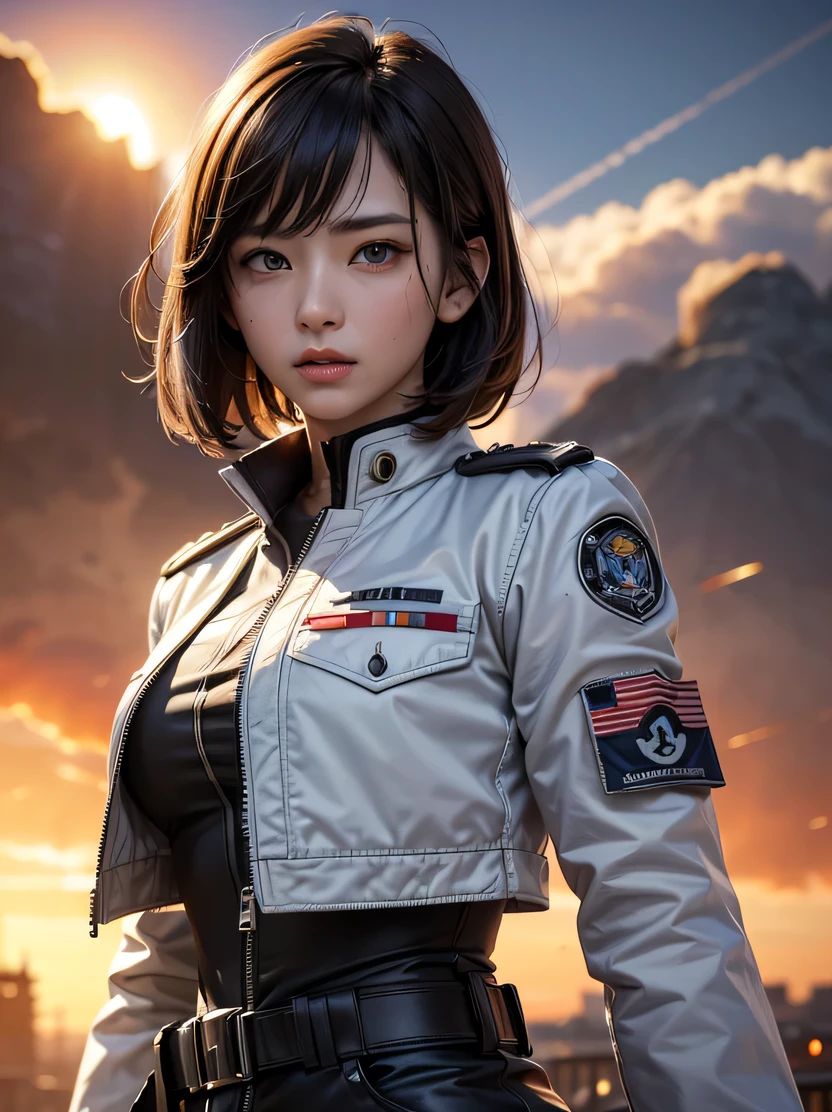((masterpiece、highest quality、Genuine、Very detailed、High resolution、Sharp focus、Photorealistic、Movie-like lighting))、Natural and realistic colors、((1 girl、Bust Shot))、Official Art、SFmovie、Adult female, Age 25、blue eyes、Black bob short hair、Air Force uniform、Non-commissioned officer uniform、Combat air force jacket、Serious face、Sharp eyes、Realistic Face、The background is a battlefield、Burning Future Air Base、Spaceship in the sky、Dynamic Action、View your viewers、Detailed hand drawing