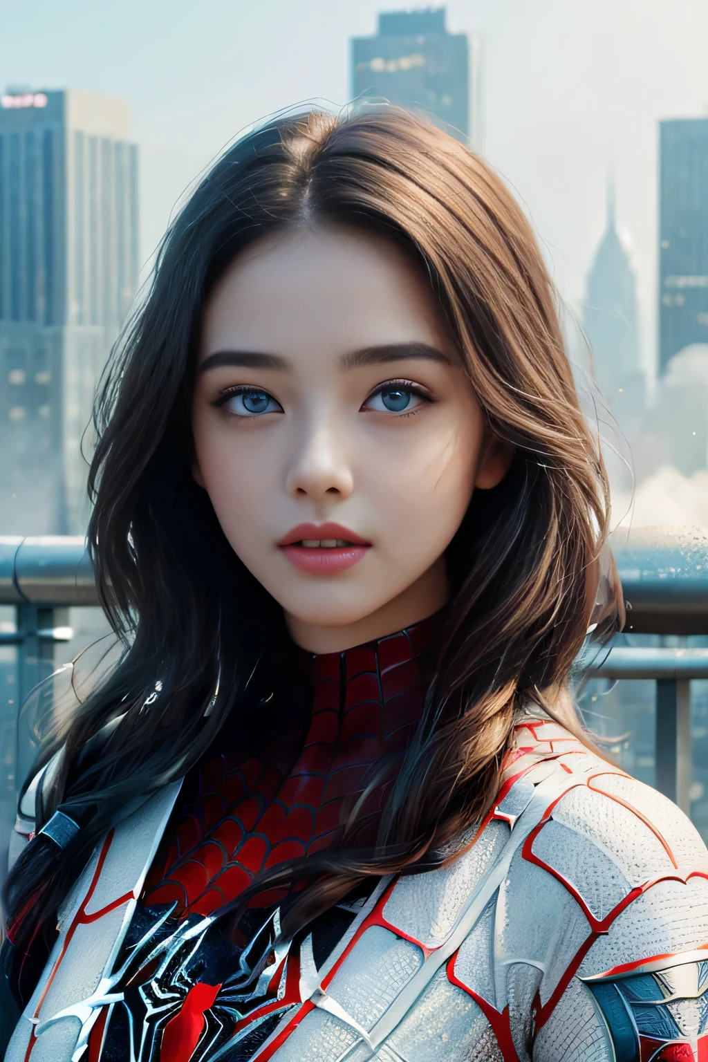 (1girl:1.3), Solo, (((Very detailed face)))), ((Very detailed eyes and face)))), Beautiful detail eyes, Body parts__, Official art, Unified 8k wallpaper, Super detailed, beautiful and beautiful, beautiful, masterpiece, best quality, original, masterpiece, super fine photo, best quality, super high resolution, realistic realism, sunlight, full body portrait, amazing beauty, dynamic pose, delicate face, vibrant eyes, (from the front), She wears Spider-Man suit, red and black color scheme, spider, very detailed city roof background, rooftop, overlooking the city, detailed face, detailed complex busy background, messy, gorgeous, milky white, highly detailed skin, realistic skin details, visible pores, clear focus, volumetric fog, 8k uhd, DSLR, high quality, film grain, fair skin, photo realism, lomography, futuristic dystopian megalopolis, translucent