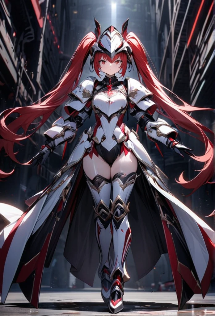 High quality, high definition, hig
h precision images,8k 1 Girl Robot Girl、red hair,Twin tails,Red eyes、 Wearing luxurious re barrettes in haird and white armor, a helmet on the head
full body image,bright lighting
