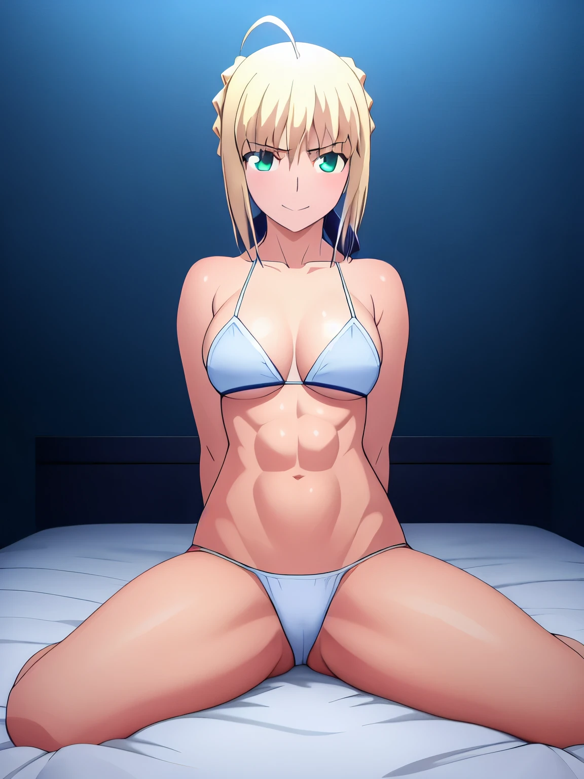 best quality, masterpiece, highres, details, parody, ray_tracing_graphic, solo, adult_female, {saber_fatestaynightufotable:1.15}, blonde_hair, little_ahoge, green_eyes, blue_ribbon, 1girl, anime_coloring, full_body, kuudere_face, five_fingers, blush, little_smile, large_, white_bikini, blue_ribbon_straps, from_the_front, sit, in the bed, bright_room, night_time, oily_skin, sturdy_body, sixpack_abs, glowing_eyes