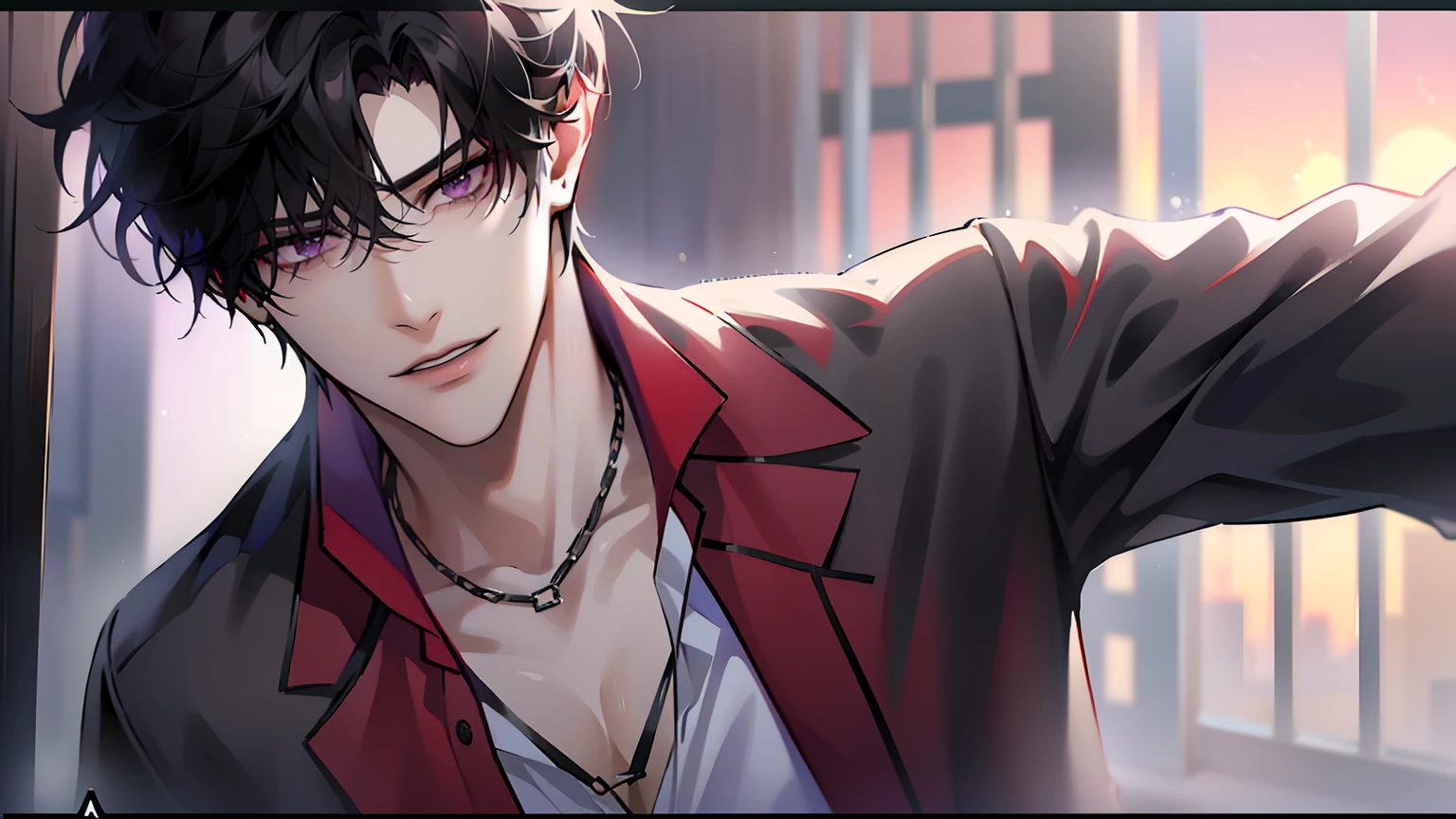 (masterpiece, 4k, high quality:1.3), 1boy, solo, short hair, black hair, asymmetrical fringe, purple eyes, handsome, sharp eyes, (mature male, mature:1.2), male focus, fashionable, tucked in open red collared shirt, light brown chino pants, red and gray cardigan, necklace, sunset, evening, close up, smile, smart