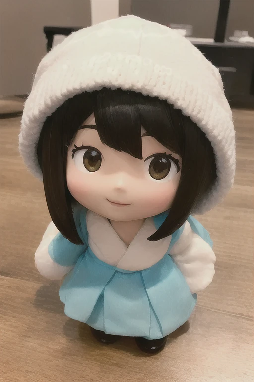 Close-up of a doll wearing a hat resting on a wooden floor, Yoshitomo Nara, style as Nendoroid, aoshima chiho, Nendoroid, Nendoroid, inspired by Nara Yoshitomo, Nendoroid 3 d, Cute porcelain doll, good smile company anime style, chihiro! fujisaki