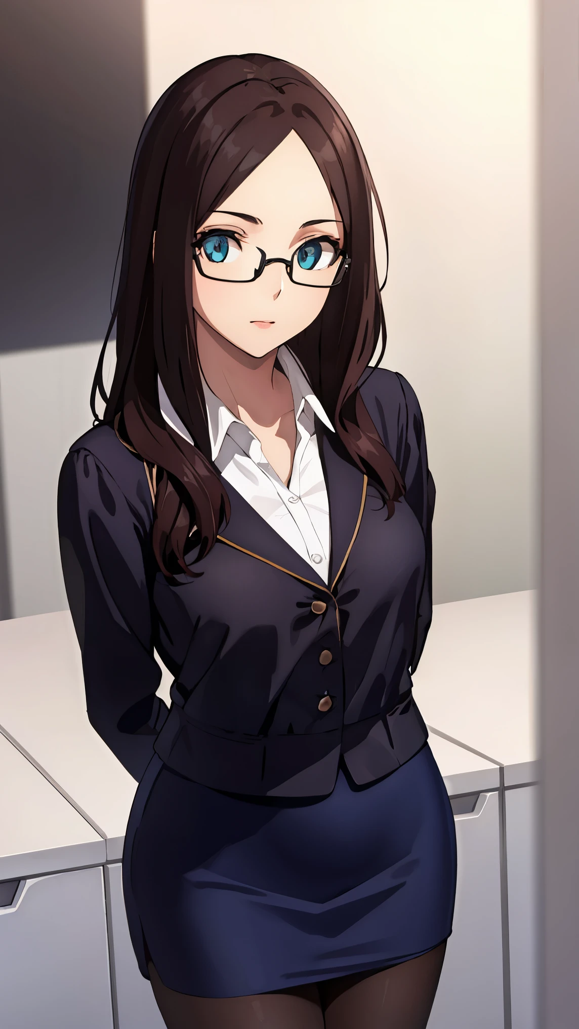 leonardodavinci, leonardo da vinci, blue eyes, brown hair, glasses, long hair, semi-rimless eyewear, under-rim eyewear,
BREAK ( office lady, white collared shirt, pencil skirt, pantyhose:1.2),
BREAK looking at viewer,standing, leaning forward, (arms behind back:1.2),
BREAK indoors,
BREAK (masterpiece:1.2), best quality, high resolution, unity 8k wallpaper,NSFW ,(illustration:0.8), (beautiful detailed eyes:1.6), extremely detailed face, perfect lighting, extremely detailed CG, (perfect hands, perfect anatomy),