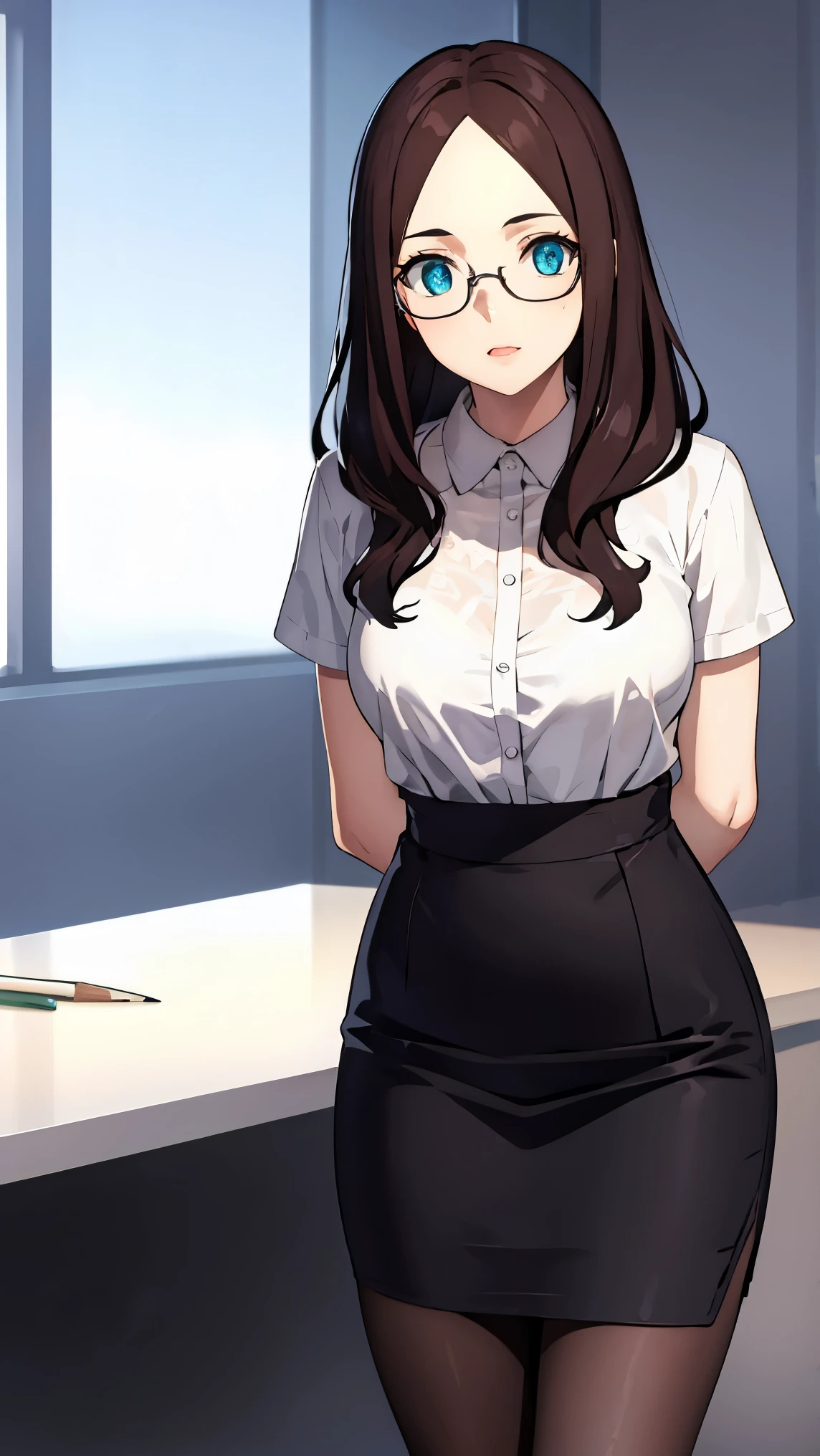 leonardodavinci, leonardo da vinci, blue eyes, brown hair, glasses, long hair, semi-rimless eyewear, under-rim eyewear,
BREAK ( office lady, white collared shirt, pencil skirt, pantyhose:1.2),
BREAK looking at viewer,standing, leaning forward, (arms behind back:1.2),
BREAK indoors,
BREAK (masterpiece:1.2), best quality, high resolution, unity 8k wallpaper,NSFW ,(illustration:0.8), (beautiful detailed eyes:1.6), extremely detailed face, perfect lighting, extremely detailed CG, (perfect hands, perfect anatomy),