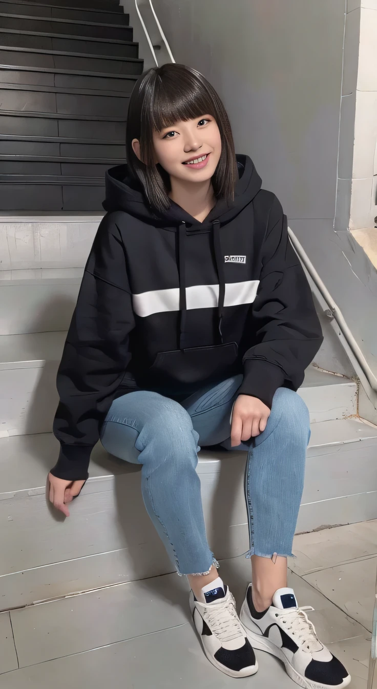 highest quality, Realistic, Very detailed, Finer details, High resolution, 8k wallpaper, One beautiful woman,Sit on the stairs、(Wear black socks)smile、(Beautiful teeth alignment、)(Gums are visible) Oversized hoodie, Skinny jeans,( Black sneakers)、Black Hair、 Beautiful Bangs、ear piercing、Perfect dynamic composition, Beautiful and detailed, Full Body Shot, A big smile waiting to start