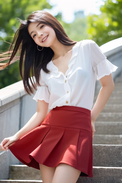 masterpiece, highest quality, Photorealistic, Very detailed, finely, High resolution, 8k wallpaper, Professional, High level of detail, Female college student standing on canvas stairs, Slender Japan woman, ((Look forward)), Collarbone Detail, Medium Chest、Perfect Face, Straight hair, White camisole、mini skirt,A mini flare skirt fluttering in the wind、Smiling Kindly