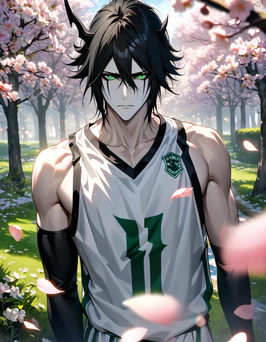 absurdres, highres, ultra detailed, HDR, masterpiece, extremely detailed face and eyes, Ulquiorra Cifer, black hair, hair between the eyes, expressive green eyes, pale skin, Bleach, solo, sexy man, handsome, white basketball uniform, spring, blossoms, petals