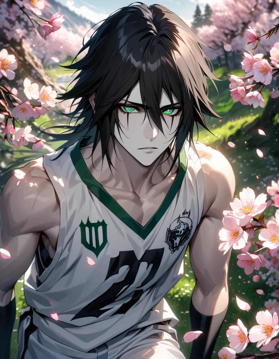 absurdres, highres, ultra detailed, HDR, masterpiece, extremely detailed face and eyes, Ulquiorra Cifer, black hair, hair between the eyes, expressive green eyes, pale skin, Bleach, solo, sexy man, handsome, white basketball uniform, spring, blossoms, petals