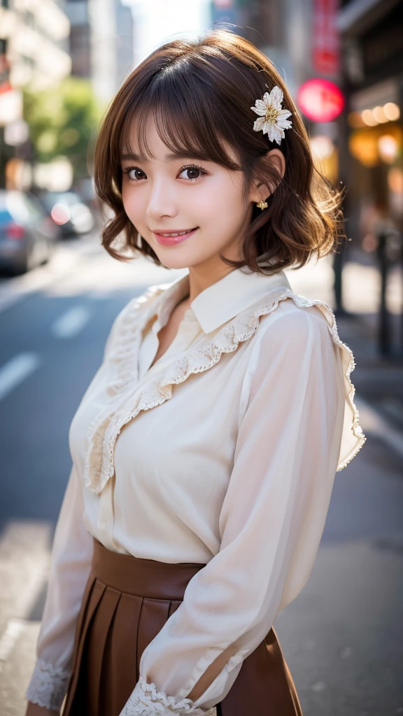 ((Best Quality, 8K, masutepiece: 1.3)), (Sharp Focus: 1.2), 1 girl, Neat and clean beauty, 20 years old, Japanese, Classy and elegant, A pretty girl with perfect figure, Cute, Shy, ((Medium hair swaying in the wind)), Big breasts, Smile,  (Blouse: 1.1), Skirt, Highly detailed face and skin texture, Detailed eyes, Tranquil countryside covered in a blanket of blooming flowers