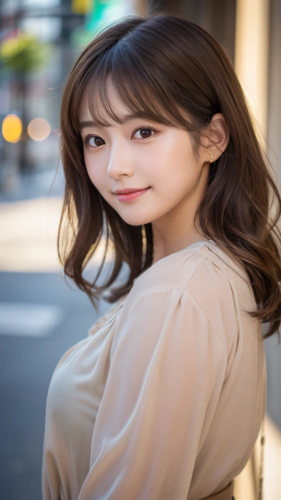 (highest quality,8K quality,masterpiece:1.3,),(超A high resolution:1.3,Photorealistic:1.4,Raw photo:1.2),(Ultra-detailed:1.2,Glowing Skin,Detailed skin:1.1),(Detailed face,Perfect Anatomy,Caustics:1.2),In the city,1 girl,cute,Japanese,22 years old,Japanese Idols,Natural brown hair,Curl short hair outward,cute目,Natural Makeup,blouse,skirt,Laughter,Looking at the camera,On the face,Face Focus,Professional Lighting,Natural soft light,