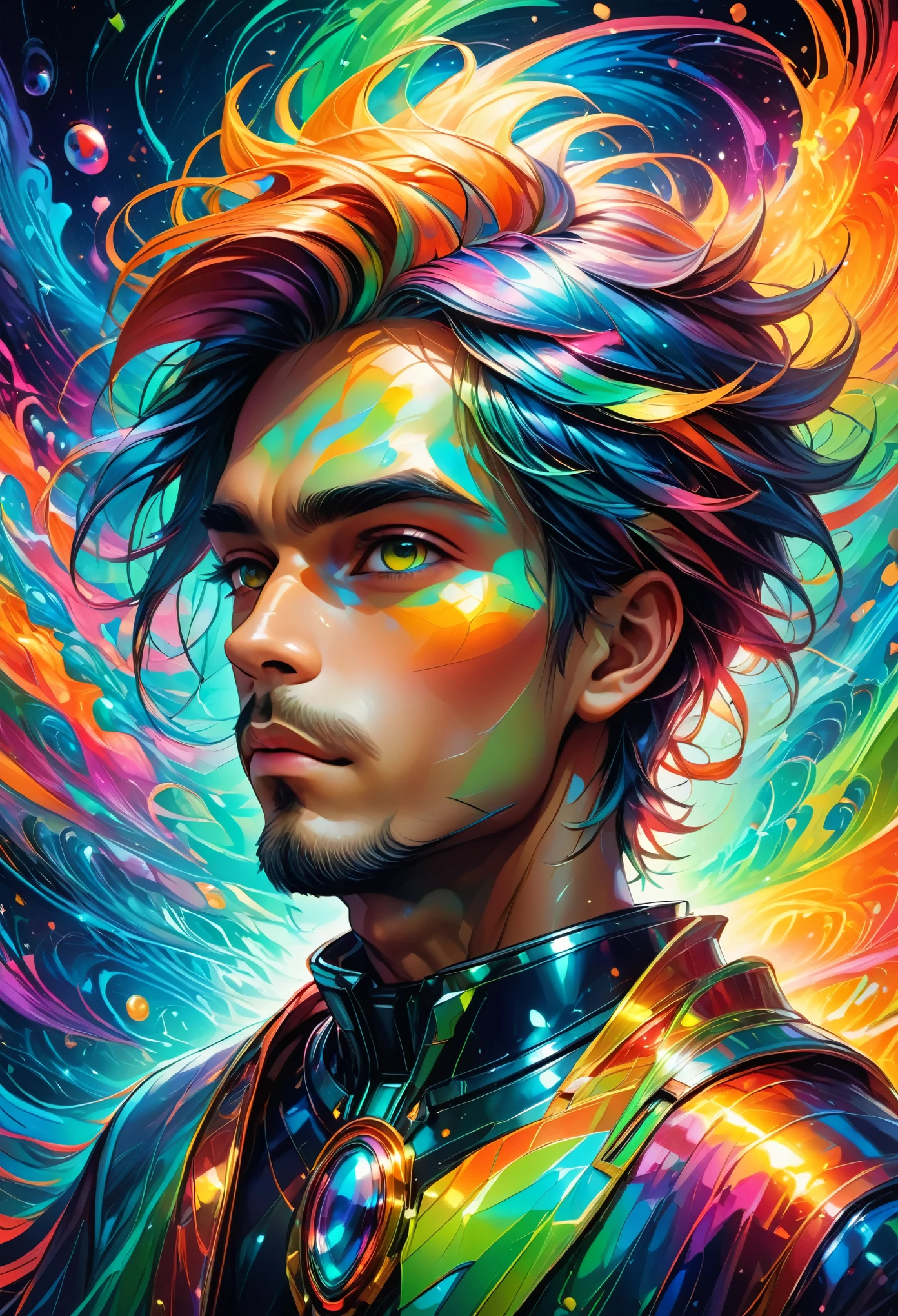 (obra de arte), (melhor qualidade), (Melhor detalhe), (distant overview), (selo), Imagine a dashing male artist of the future, his face adorned with vibrant splashes of color that dance across his features like strokes of a paintbrush on canvas. His eyes shine with a kaleidoscope of hues, each one reflecting a different facet of his creative spirit. Cheeks flushed with the warm glow of sunset oranges and passionate reds, while streaks of electric blues and neon greens accentuate his angular jawline and strong, determined expression. Strands of iridescent hair cascade around his face in a riot of vivid shades, framing features that seem to come alive with every brushstroke of light. Despite his serious demeanor, there's an undeniable energy to him, an electric charisma that pulses with the vibrancy of the world he inhabits.