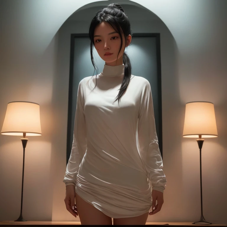 highest quality、Super detailed、8K Photo、Real Photo:1.6, "Thin woman, Standing in a dimly lit room. She is wearing a short-sleeved shirt、The fabric fits snugly to the body.。. The room is dark, The only light was from a small lamp in the corner.. Female figure silhouette, The outline of her body emerges in the dim light. Her hair is long and black, Gathered in a loose ponytail. She doesn't move, Like a statue in the dark."