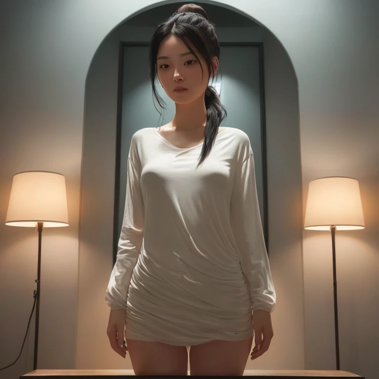 highest quality、Super detailed、8K Photo、Real Photo:1.6, "Thin woman, Standing in a dimly lit room. She is wearing a short-sleeved shirt、The fabric fits snugly to the body.。. The room is dark, The only light was from a small lamp in the corner.. Female figure silhouette, The outline of her body emerges in the dim light. Her hair is long and black, Gathered in a loose ponytail. She doesn't move, Like a statue in the dark."