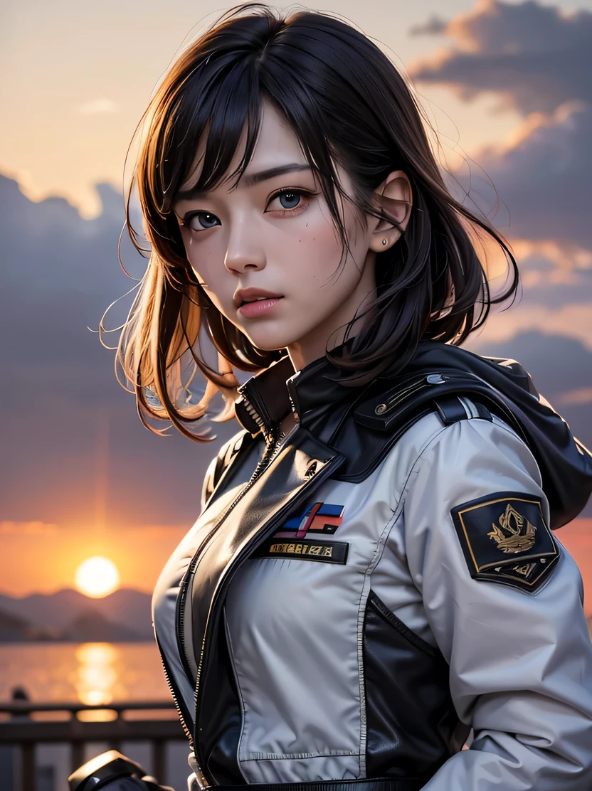 ((masterpiece、highest quality、Genuine、Very detailed、High resolution、Sharp focus、Photorealistic、Movie-like lighting))、Natural and realistic colors、((1 girl、Bust Shot))、Official Art、ＳＦmovie、Adult female, Age 25、blue eyes、Black bob short hair、Air Force uniform、Non-commissioned officer uniform、Combat air force jacket、Serious face、Sharp eyes、Realistic Face、The background is a battlefield、Burning Future Air Base、Spaceship in the sky、Dynamic Action、View your viewers、Detailed hand drawing