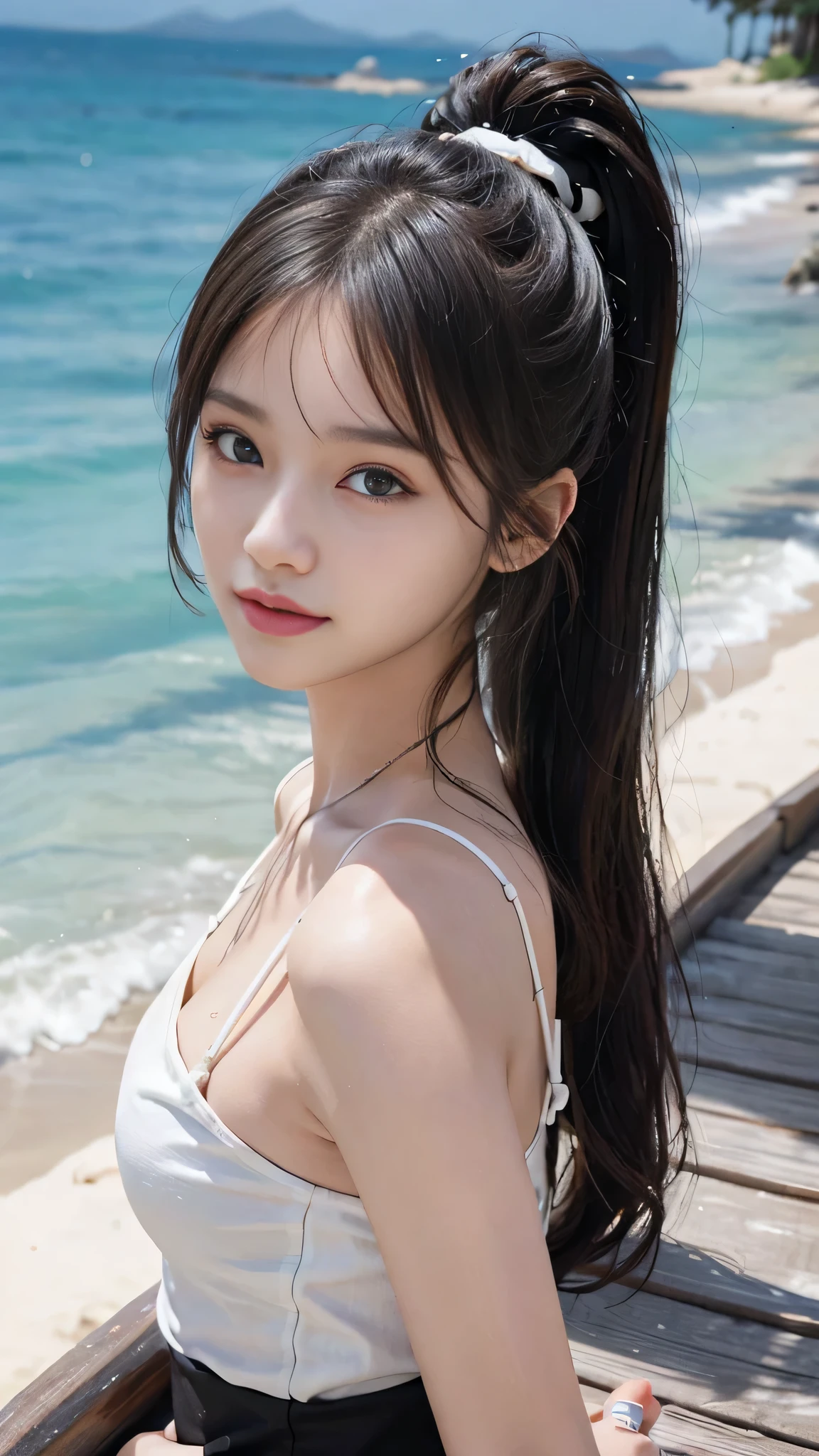 Beach,resort,white bikini,Close up face,One woman,masutepiece, The highest image quality, High quality, the background is clear,Beautiful woman, Japanese, Detailed, Detailed eyes, Detailed skin, Beautiful skin, 超hight resolution, (reality: 1.4),Very beautiful woman, Slightly younger face, Beautiful skin, slender, (Ultra photo realsisim), (hight resolution), (8K), (Very detailed) (beautifully detailed eyes), (super detailed), (Detailed face), view the viewer, Fine details, Detailed face, Staring straight ahead, Staring straight ahead, photos realistic, Bright lighting, Professional Lighting, Black hair,poneyTail,a baby face,fifteen years old,Hairstyle: ponytail,Long ponytail hairstyle,slight smile,neat and tidy clothing,Beautiful Japanese KPOP idol photo, hair style is ponytail, my eyes are double and wide, baby face, smile and look straight ahead, slender, small breasts,Close up face,