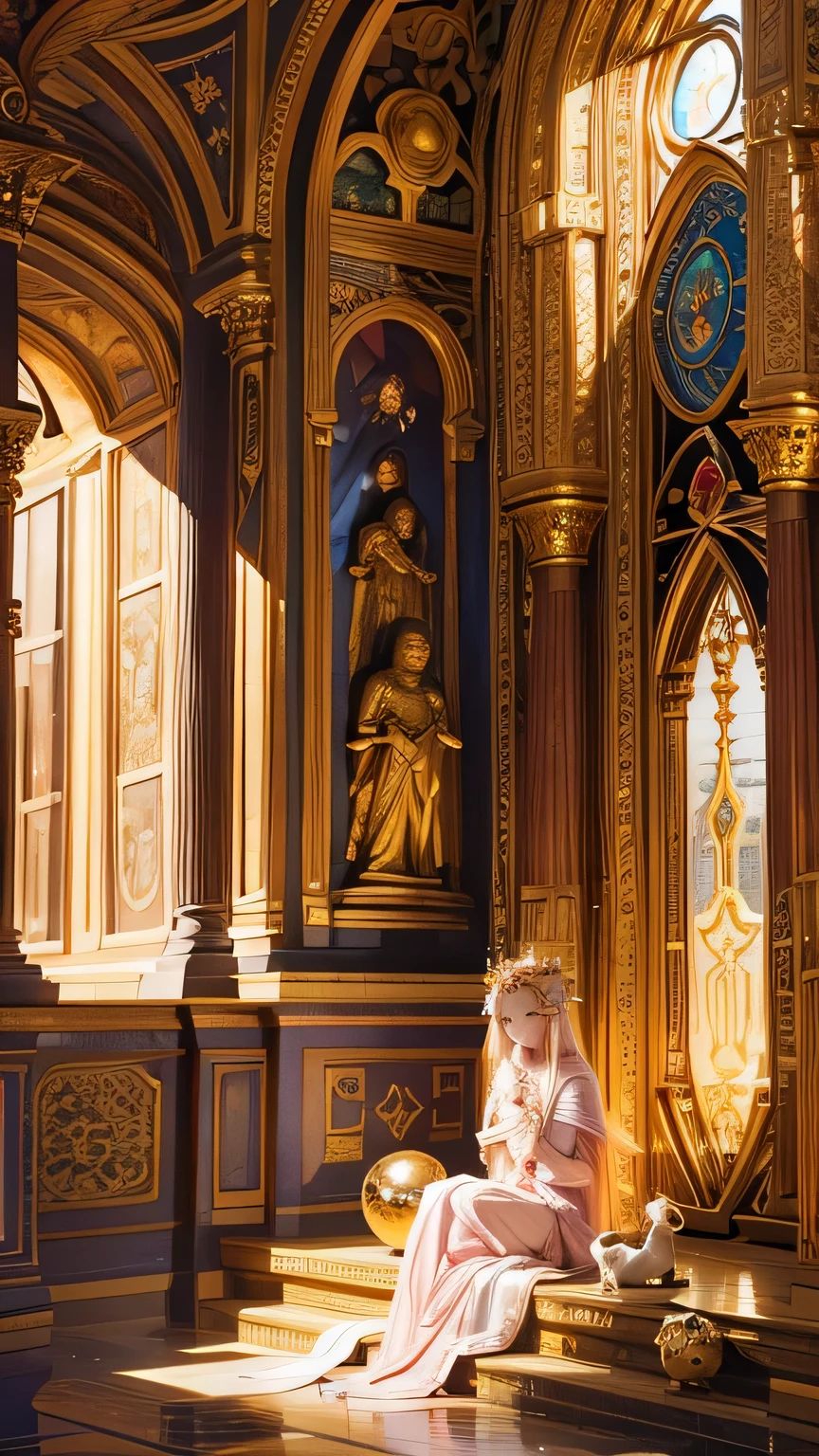 "Maiden of the Sun": In a sacred sanctuary bathed in the sunlight, we depict the figure of a sun goddess. She gazes towards us, emitting a divine radiance, with her hair shining golden. The camera focuses on her face, with orbs of light representing the life-giving power of the sun in her hands. The background is predominantly pink, evoking a sense of divine grandeur. The setting is a place where many cats reside, enveloped in soft, bright light, offering tranquility and peace of mind, free from any trace of anxiety. She is accompanied by her beloved Munchkin cat.