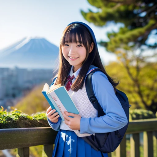 best quality, masterpiece,
outdoors, 

a high school girl with a book and a schoolbag,
wearing a long-sleeved Japanese mitakihara , 
smile, cute, face fully visible, serafuku,


Background,

blue Morning glory, 
(only one large and big mount Fuji:1.2)