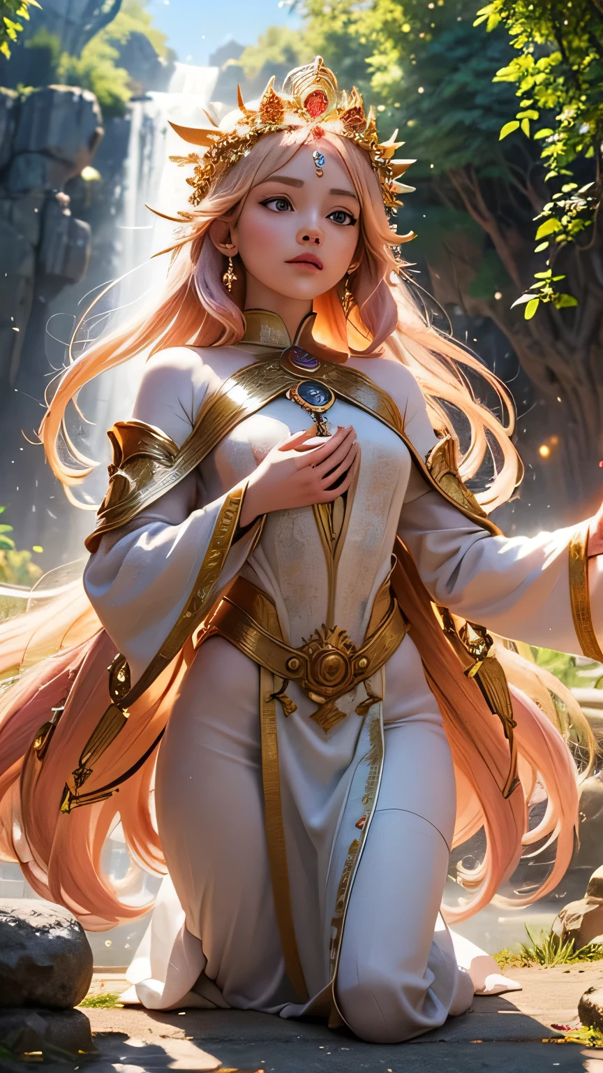 "Maiden of the Sun": In a sacred sanctuary bathed in the sunlight, we depict the figure of a sun goddess. She gazes towards us, emitting a divine radiance, with her hair shining golden. The camera focuses on her face, with orbs of light representing the life-giving power of the sun in her hands. The background is predominantly pink, evoking a sense of divine grandeur. The setting is a place where many cats reside, enveloped in soft, bright light, offering tranquility and peace of mind, free from any trace of anxiety. She is accompanied by her beloved Munchkin cat.
