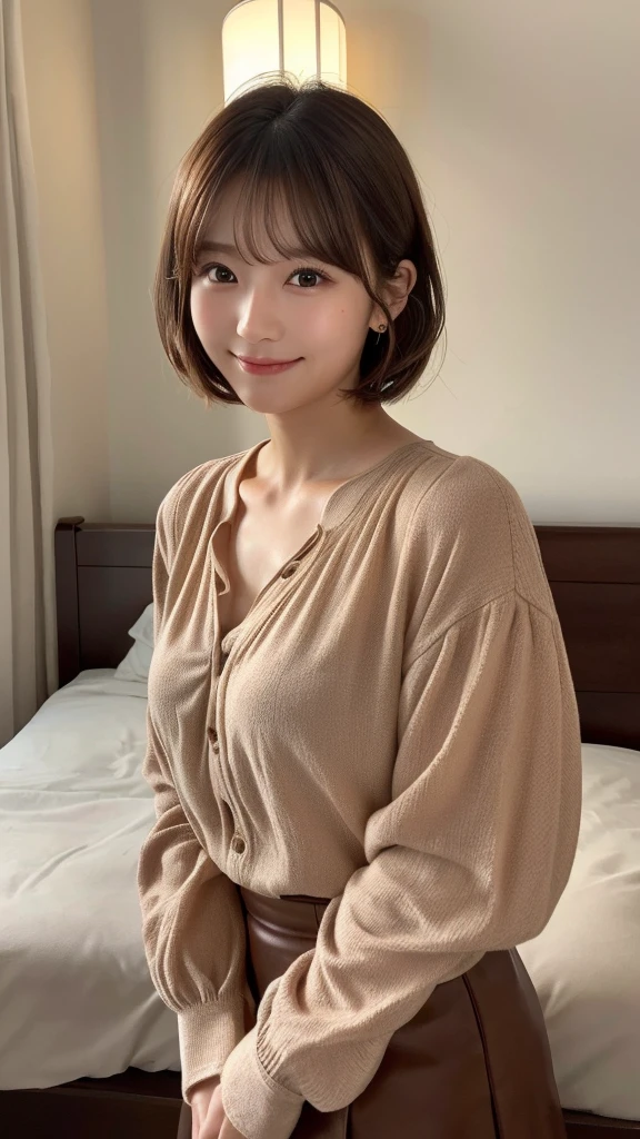 (highest quality,8K quality,masterpiece:1.3,),(超A high resolution:1.3,Photorealistic:1.4,Raw photo:1.2),(Ultra-detailed:1.2,Glowing Skin,Detailed skin:1.1),(Detailed face,Perfect Anatomy,Caustics:1.2),Rooms in the house,1 girl,cute,Japanese,22 years old,Japanese Idols,Natural brown hair,Curl short hair outward,cute目,Natural Makeup,blouse,skirt,Laughter,Looking at the camera,On the face,Face Focus,Professional Lighting,Natural soft light,bed