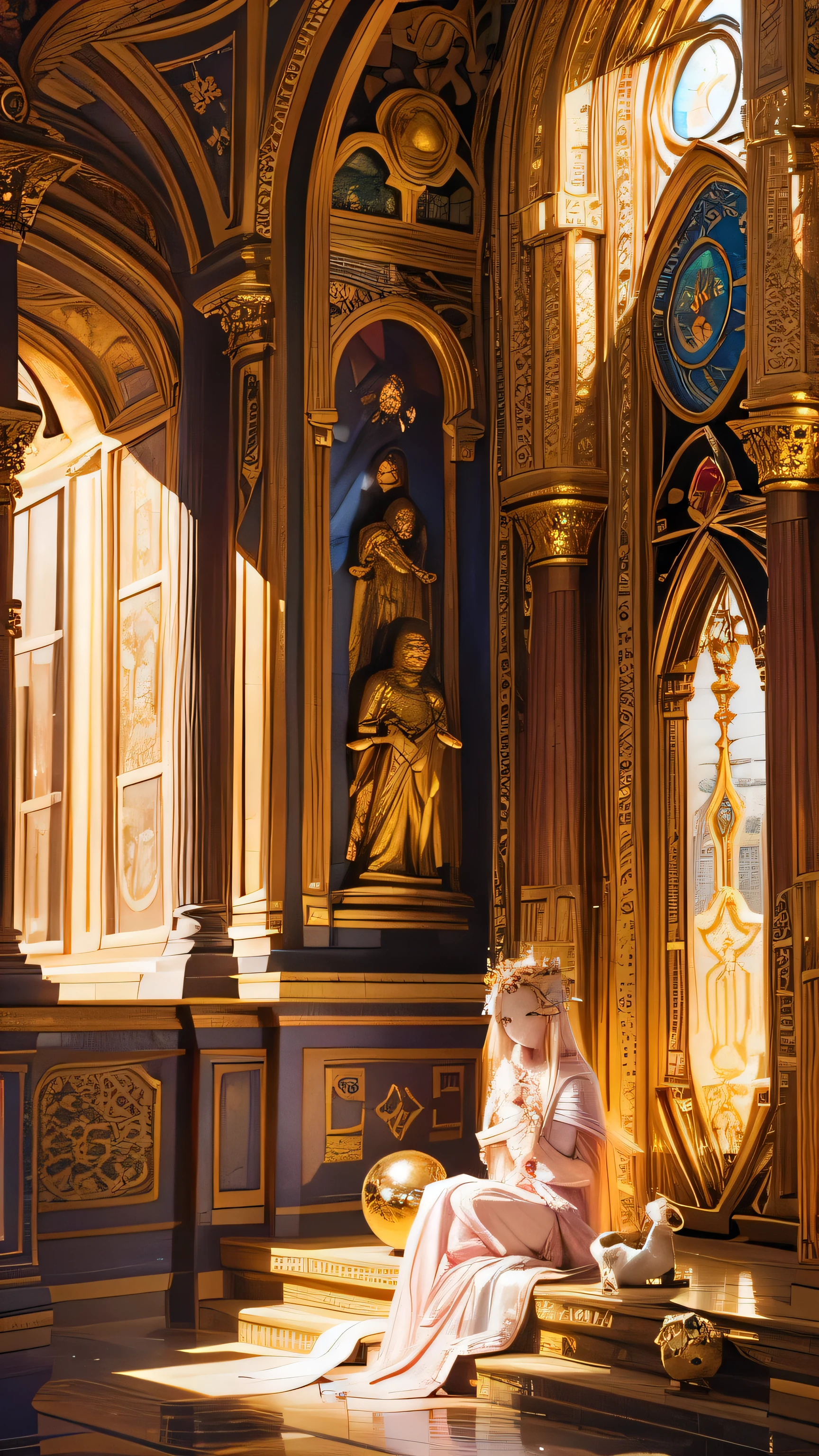 "Maiden of the Sun": In a sacred sanctuary bathed in the sunlight, we depict the figure of a sun goddess. She gazes towards us, emitting a divine radiance, with her hair shining golden. The camera focuses on her face, with orbs of light representing the life-giving power of the sun in her hands. The background is predominantly pink, evoking a sense of divine grandeur. The setting is a place where many cats reside, enveloped in soft, bright light, offering tranquility and peace of mind, free from any trace of anxiety. She is accompanied by her beloved Munchkin cat.
